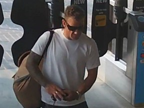 Vancouver police are seeking the public's help in identifying a man suspected of assault and pointing a firearm at Main Street SkyTrain station on Aug. 24, 2023.