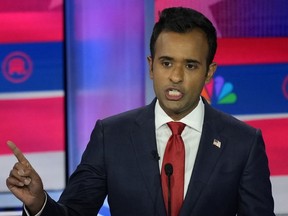 Republican presidential candidate businessman Vivek Ramaswamy speaks during a presidential primary debate hosted by NBC News, Wednesday, Nov. 8, 2023.