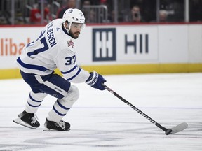 Toronto Maple Leafs defenseman Timothy Liljegren (37) in action during the second period of an NHL hockey game against the Washington Capitals, Tuesday, Oct. 24, 2023, in Washington.&ampnbsp;Liljegren has been placed on long-term injured reserve with a high ankle sprain, the team announced Saturday.