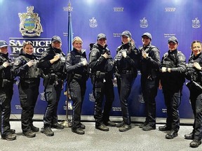 Saanich officers snapped this photo of nine women constables on shift on Sunday after realizing the entire shift was staffed by women. VIA SAANICH POLICE DEPARTMENT