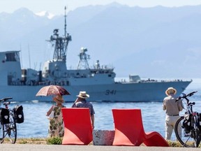 HMCS Ottawa conducts a sail past of the Victoria shoreline before embarking on a four-month deployment to the Indo-Pacific region on Aug. 14, 2023. DARREN STONE, TIMES COLONIST