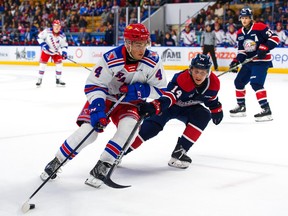 Vancouver Canucks prospect Hunter Brzustewicz in action this season with the Kitchener Rangers of the OHL