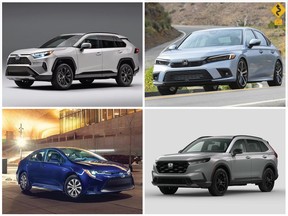 B.C.’s most popular vehicles in 2022. Clockwise from top left: Toyota RAV4, Honda Civic, Toyota Corolla and Honda CR-V.