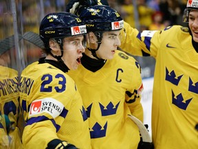Sweden's Jonathan Lekkerimaki (L) celebrates after scoring the 2-2 goal during the Group A ice hockey match between Sweden and Finland of the IIHF World unior Championship in Gothenburg, Sweden, on December 31, 2023.