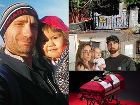 Clockwise from left: Paul Schmidt, who was stabbed to death outside a Vancouver Starbucks, with his daughter Erica; the outside of a lot on Vancouver's Belmont Avenue, which was taken over by squatters; James and Angela Bates with their 10-month-old son James, who were evicted from the home they rented due to B.C.'s vacancy tax; and the casket of Ridge Meadows RCMP Const. Rick O'Brien, who was killed while helping to execute a search warrant.