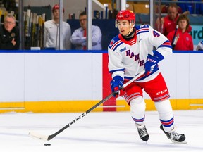 Vancouver Canucks prospect Hunter Brzustewicz in action this season with the Kitchener Rangers of the OHL.