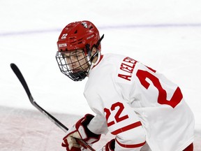 Boston University defenceman Aiden Celebrini (22) skates during the second period of an NCAA hockey game against North Dakota on Saturday, Nov. 4, 2023, in Boston.