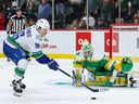 Vancouver Canucks left wing Andrei Kuzmenko attempts a shot on Minnesota Wild goaltender Filip Gustavsson during the shootout in an NHL hockey game Saturday, Dec. 16, 2023, in St Paul, Minn.