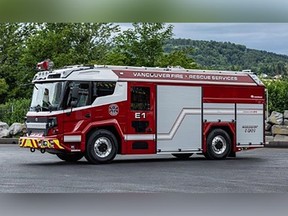 This Rosenbauer pumper truck is the first electric fire engine operating in a Canadian city.