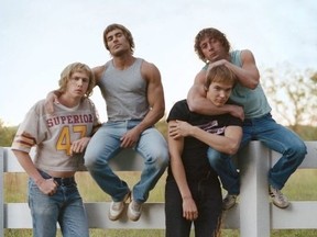 From left, Harris Dickinson, Zac Efron, Stanley Simons and Jeremy Allen White in "The Iron Claw."