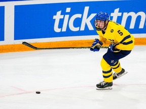Tom Willander of Sweden in action during the semi final of U18 Ice Hockey World Championship match between Sweden and Canada at St. Jakob-Park on April 29, 2023 in Basel, Switzerland.