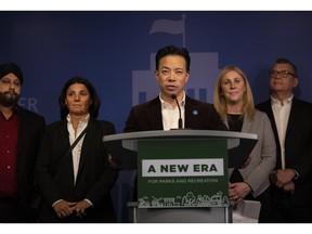 Vancouver mayor Ken Sim announces a proposal to dissolve the elected Vancouver park board, at a press conference at city hall Wednesday, December 6, 2023.