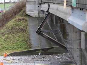 The 112th Street overpass was damaged when a semi carrying big girders struck the overpass while travelling south bound on Hwy 99 in Delta on Dec. 28, 2023.