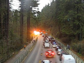 A rollover crash on the Stanley Park causeway on Monday afternoon has closed traffic in both directions. (x.com/@DriveBC)