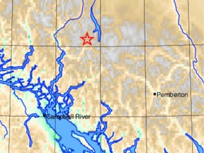 A 4.9 magnitude earthquake struck the west coast of B.C. on Sunday afternoon, approximately 137 kilometres northwest of Pemberton. (Earthquakes Canada)