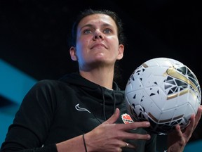 Canadian soccer star Christine Sinclair smiles during a media availability in Vancouver, B.C. on Tuesday, February 11, 2020.