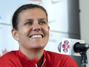 Canada's national women's soccer team captain Christine Sinclair speaks to the media for the first time since announcing her retirement, on Thursday, Oct. 26, 2023 in Montreal. As the clock counts down on Sinclair's international career, her teammates and coach say their intensely private captain is trying to make the best of being squarely in the spotlight.THE CANADIAN PRESS/Ryan Remiorz