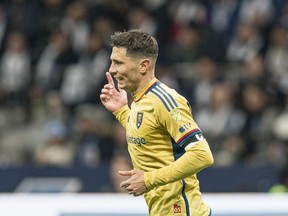 Real Salt Lake's Damir Kreilach celebrates after scoring a goal against the Vancouver Whitecaps during second half MLS soccer action in Vancouver, B.C., Saturday, Feb. 25, 2023. The Whitecaps have signed former Real Salt Lake captain Kreilach.