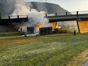 File photo of a truck that hit an overpass in Abbotsford in May.