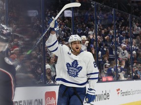 Toronto Maple Leafs' William Nylander celebrates after his goal against the Columbus Blue Jackets.