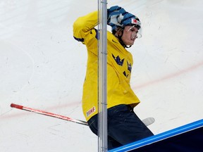 Sweden's Tom Willander reacts after scoring the 0-1 goal during the Group A ice hockey match between Canada and Sweden of the IIHF World Junior Championship in Gothenburg, Sweden on December 29, 2023.