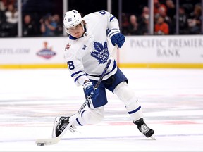 William Nylander of the Toronto Maple Leafs shoots the puck during the first period of a game against the Anaheim Ducks at Honda Center on Jan. 3, 2024, in Anaheim, Calif.