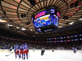 Artemi Panarin #of the New York Rangers is congratulated by teammates after scoring during the second period against the Vancouver Canucks at Madison Square Garden on January 08, 2024 in New York City.