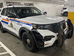 A photo showing front bumper damage to a police vehicle after it was hit by a suspected impaired driver in a Coquitlam parking lot on Jan. 24. 2024.