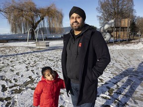 Vancouver parks board commissioner Jas Virdi with his son Arjan Virdi, 4, at Kits Beach playground in Vancouver. Virdi's proposal of a dedicated sensory park for neurodiverse children has been rejected.