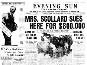 The front page of the Jan. 20, 1927 Vancouver, featuring a story about Mrs. Sarah Scollard suing her husband and two Vancouver banks over an alleged $800,000 theft.