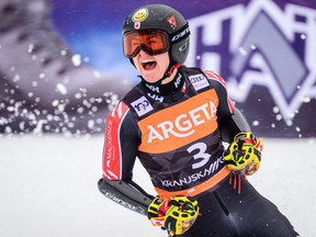 Canada's Valerie Grenier reacts in the finish line of the Women's Giant Slalom race of the FIS Alpine Skiing World Cup, in Kranjska Gora, Slovenia on Jan. 6, 2024.
