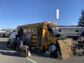 A school bus camper at the Cole Road rest area in Abbotsford, where people are sleeping in RVs and cars during a stretch of freezing weather.
