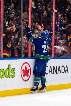 Vancouver Canucks' Pius Suter (24) celebrates his goal during the first period of an NHL hockey game against the Ottawa Senators, in Vancouver, B.C., Tuesday, Jan. 2, 2024.