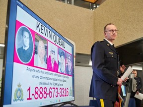 Superintendent Rob Lasson, Officer in Charge, RCMP Major Crime Services speaks to the media regarding the arrest of Kevin Charles Queau in the 2007 murder of Crystal Saunders at the Manitoba RCMP Headquarters in Winnipeg, Monday, Jan. 29, 2024.