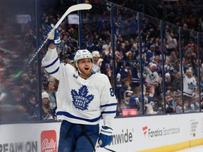 Toronto Maple Leafs' William Nylander celebrates after his goal against the Columbus Blue Jackets on Dec. 23, 2023, in Columbus, Ohio.