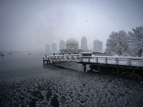 British Columbia's Coroners Service is reporting the outdoor deaths of 36 people during the early days of January when the province was in the grip of a record-breaking cold snap. A person looks out to a partially frozen False Creek during a snowstorm in Vancouver Wednesday, Jan. 17, 2024.