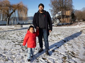 Vancouver, BC: JANUARY 13, 2024 -- Vancouver parks board commissioner Jas Virdi with his son Arjan Virdi, 4, at Kits Beach playground in Vancouver, BC Saturday, January 13, 2024. Virdi is pushing for a "sensory park" which includes features for autistic kids. (Photo by Jason Payne/ PNG) (For story by Dan Fumano) [PNG Merlin Archive]