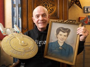 Rod Knowlan with Starship Enterprise model and a portrait of his mom Gloria in White Rock, BC, January 1, 2024. The Starship Enterprise belonged to his mom Gloria, an avid Star Trek fan, who died in 2011, now her remains will be taken to space on the first deep space voyage of the "Vulcan", a commercial spaceship,and her ashes will be along with those of several star trek actors including the original "Scotty" Jimmy Dohan