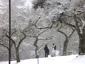 Walkers enjoy the first snowfall of the new year at Burnaby Mountain Park in Burnaby, B.C., on January 8, 2024.