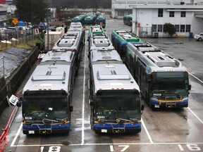 B.C.'s labour board handed CUPE 4500 a symbolic victory Wednesday but declined to award damages after the union argued Coast Mountain Bus Company had breached labour laws during a two-day strike last week. This file photo from Jan. 23 shows a number of CMBC buses parked at a depot during the strike.