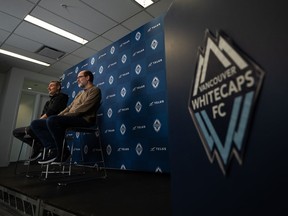Two months after his team were eliminated from Major League Soccer playoffs, Vancouver Whitecaps head coach Vanni Sartini is looking forward rather than back ahead of the new season. Sartini, left, and Whitecaps CEO & Sporting Director, Axel Schuster, speak during an end-of-season news conference in Vancouver, B.C., Tuesday, Nov. 7, 2023.