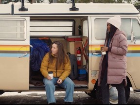 Lucy (Jadyn Wong), Cleo (Katie Burrell) and Tina (Chelsea Conwright) plan their next move in the new ski comedy Weak Layers. Photo: Realization Films