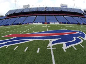 FILE - The Buffalo Bills logo is displayed opn the field at Highmark Stadium before an NFL football game between the Pittsburgh Steelers and the Buffalo Bills in Orchard Park, N.Y., Sunday, Oct. 9, 2022. The Bills' wild-card playoff game against the Pittsburgh Steelers that was scheduled for Sunday, Jan. 14, 2024, was moved to Monday amid a forecast for dangerous winter weather, New York Gov. Kathy Hochul announced Saturday.