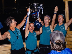 The Salty Science crew, which includes two members from B.C., celebrate as they finish a 5,000-kilometre rowing race across the Atlantic. The team won first in the women's division in the World's Toughest Row. Photo credit: World's Toughest Row