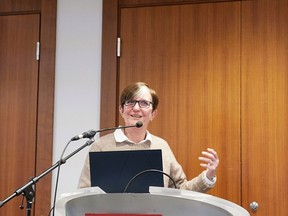 Annie Smith, executive director of the McCreary Centre Society, speaks at an event for the release of the 2023 B.C. Adolescent Health Survey, at Simon Fraser University in Vancouver.