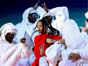 Rihanna performs onstage during the Apple Music Super Bowl LVII Halftime Show at State Farm Stadium on Fed. 12, 2023 in Glendale, Arizona. This Sunday, Feb. 11, Usher will perform during the Super Bowl halftime show.