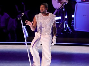 Usher performs onstage during the Apple Music Super Bowl LVIII Halftime Show at Allegiant Stadium on Feb. 11, 2024 in Las Vegas, Nevada.