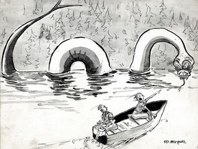 A sea monster scares boaters, stamped July 16, 1957. Could be Ogopogo or Caddy Cadborosaurus. Vancouver Sun Illustration by Ed Moyer.