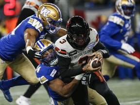 Vernon Adams Jr. is clear about his and his team's focus: the Grey Cup. Winnipeg Blue Bombers' Jackson Jeffcoat (94) sacks Adams Jr. (3) during first half CFL action in Winnipeg Saturday, November 11, 2023.