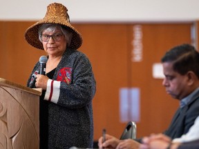 Chief of the Matsqui Nation Alice McKay addresses the Minister of Crown-Indigenous Relations Gary Anandasangaree, during a news conference announcing a settlement that addresses a historical wrong on the Matsqui First Nation in Abbotsford, B.C., on Wednesday, Feb. 21, 2024.